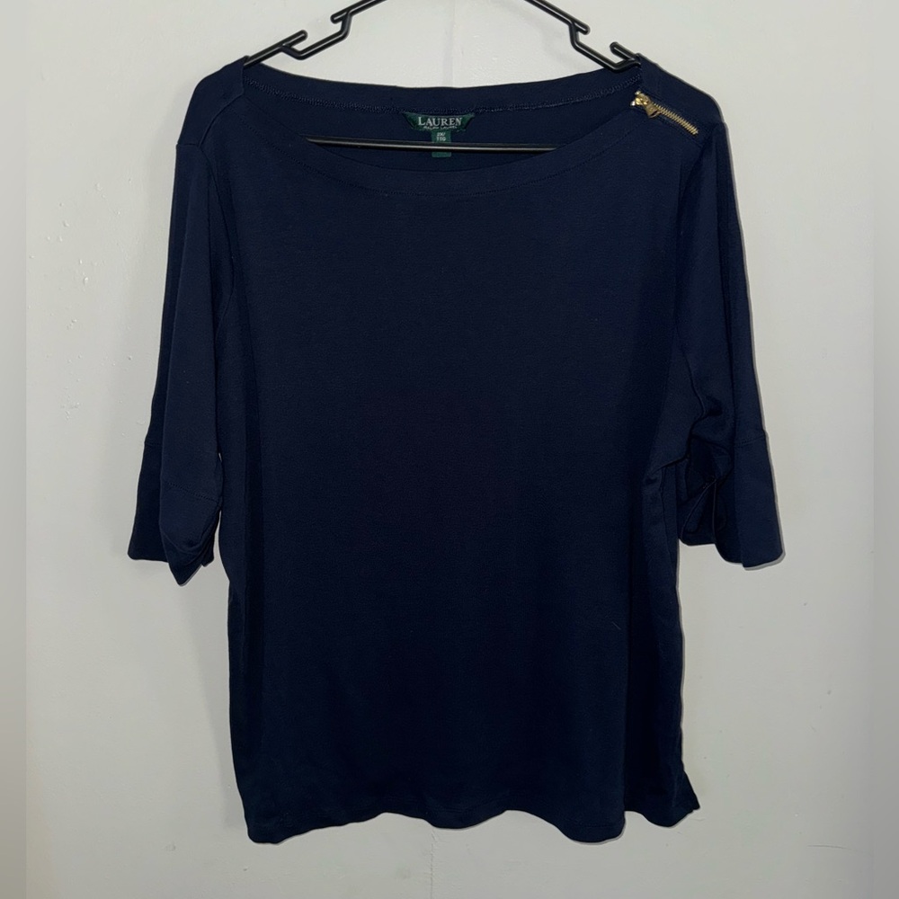Lauren Ralph Lauren Navy Blue Boatneck Top with Shoulder Zip